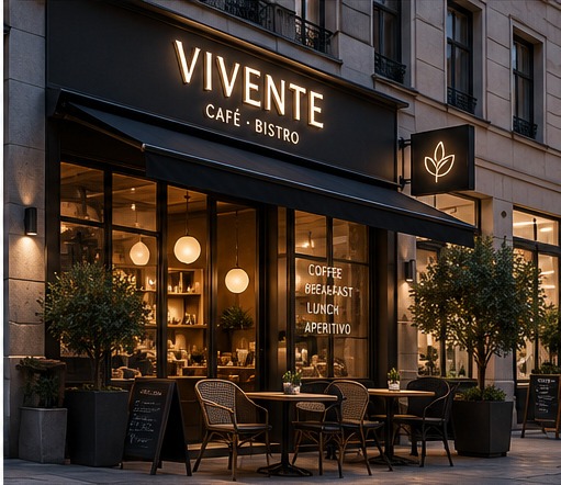 MAMO Gastronomie-Konzeptstudie – Café mit beleuchteter Fassadenwerbung, Nasenschild und Fensterbeschriftung