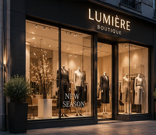 MAMO Konzeptstudie Fashion Retail – Boutique mit Schaufensterwerbung und beleuchteter Fassadenbeschriftung